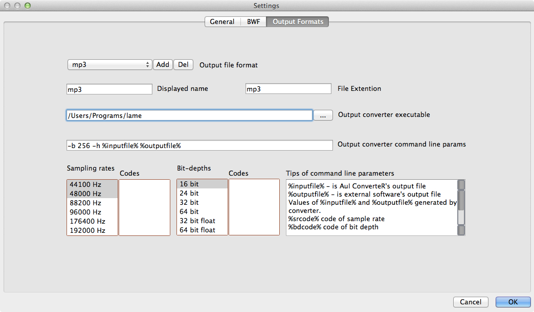 Out Formats settings