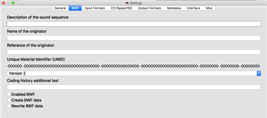 Broadcast Wave Format settings