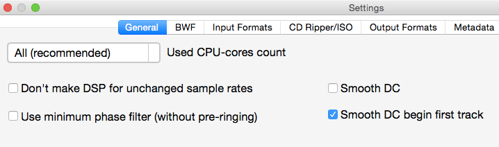 Settings for Smooth DC mode for first track