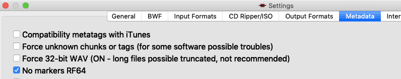 WAV RF64 (WAV 64-bit) settings